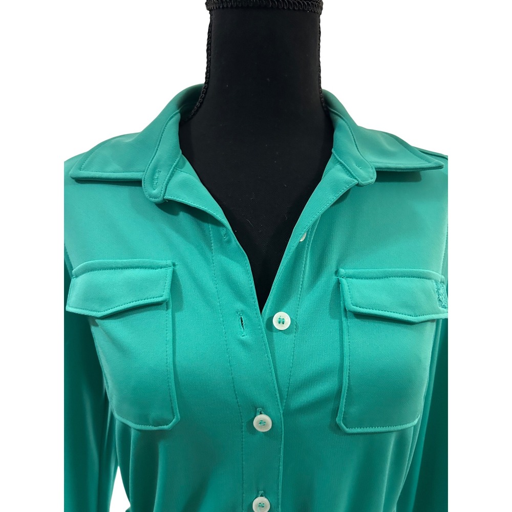 AK Turquoise Shirt Dress Button Front Long Sleeve Belted Pocket Detail Women's - Picture 3 of 5